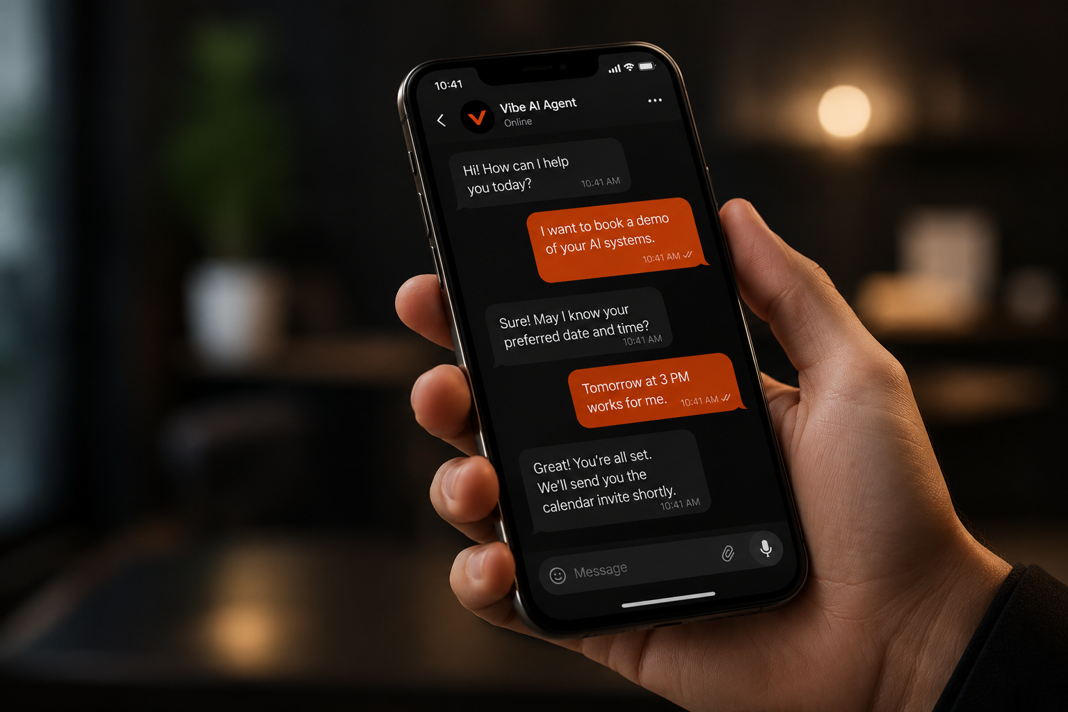 Hand holding a smartphone showing the Vibe AI Agent conversation